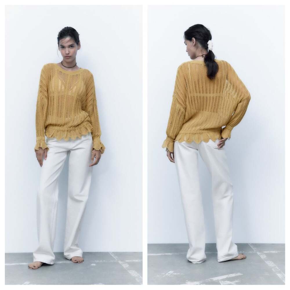 ZARA POINTELLE KNIT SWEATER WITH RUFFLES SIZE S NWOT IN GOLDEN